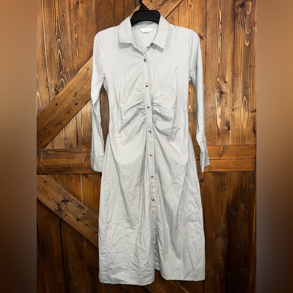 SIM & SAM Button Front Shirt Dress Medium Cotton Midi Ruched Long Sleeve